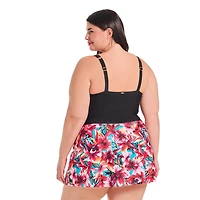 Krista Plus Women's Square Neck One Piece Swim Dress with Printed A-Line Skirt