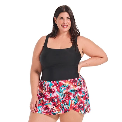 Krista Plus Robe de bain une pièce à col carré et jupe trapèze imprimée pour femmes