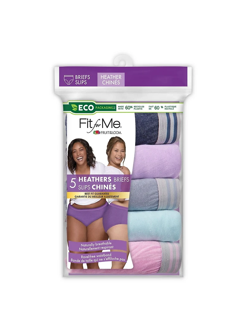 Fruit of the Loom Women's Plus Fit for Me Assorted Heather Brief Underwear, 5-Pack, Size: 9-13