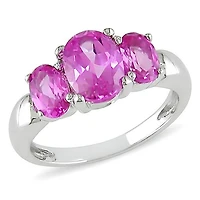 Tangelo 3 1/2 ct Created Pink Oval Sapphire Three Stone Ring in Silver