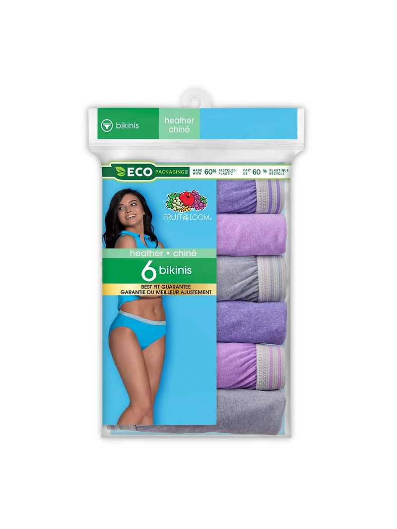 Fruit of the Loom Women's Assorted Heather Bikini Panty, 6-Pack, Sizes 5 - 9