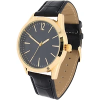 Men's Easy Read Analog Black PU Strap Watch with Goldtone Cross Necklace