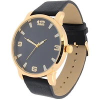 Men's Easy Read Analog Black PU Strap Watch with Goldtone Coin Necklace