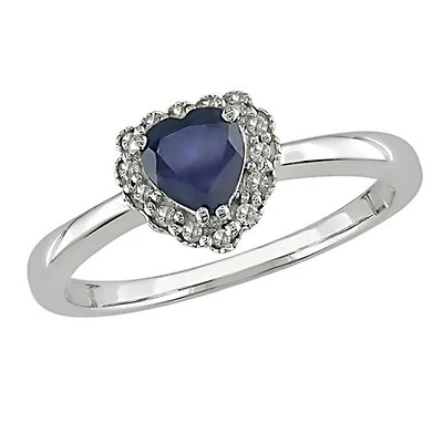 Tangelo Bague avec saphir 5/8 ct et diamant 0,07 ct en forme de cœur en or blanc 10 K