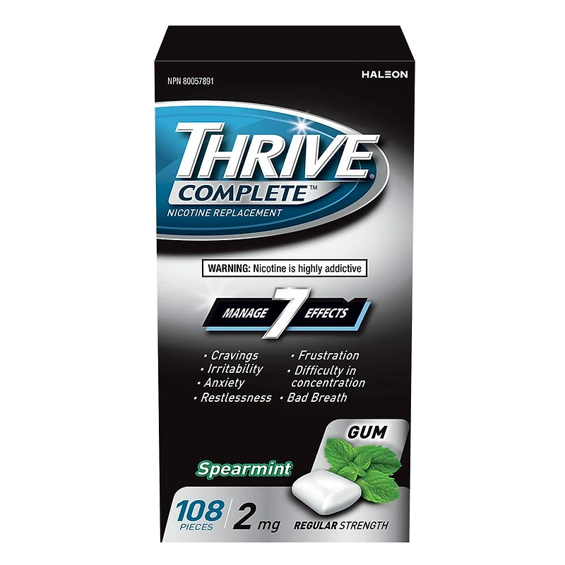 Thrive Gum Complete 2mg Regular Strength Nicotine Replacement, Spearmint, 108 count