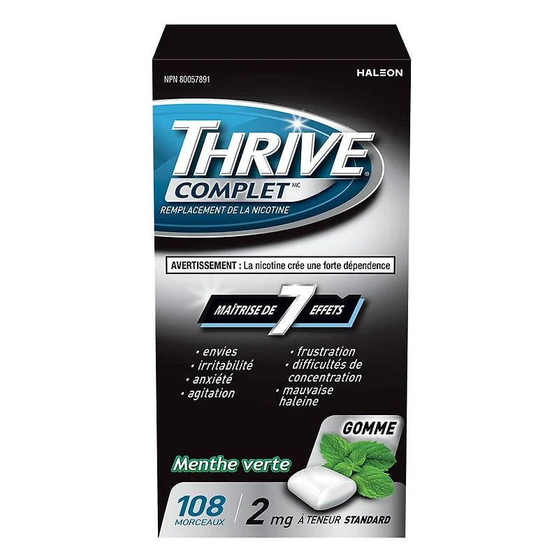 Thrive Gum Complete 2mg Regular Strength Nicotine Replacement, Spearmint, 108 count