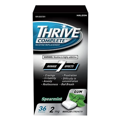 Gomme Thrive Complet 2 mg Force régulière Remplacement de la nicotine Menthe verte fraîche, 36 morceaux