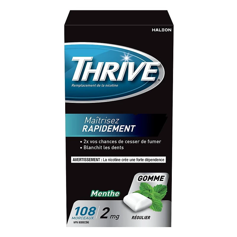Gomme Thrive 2 mg Force régulière Remplacement de la nicotine. Menthe, 108 morceaux