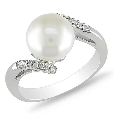 Miabella Bague avec perle d'eau douce cultivées blanche 9-9,5 mm et diamant 0,06 ct en argent
