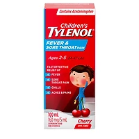 Tylenol Enfants, Fièvre et mal de gorge, soulage la fièvre et le mal de gorge, saveur de cerise, pour les enfants de 2 à 5 ans, suspension orale 100 ml