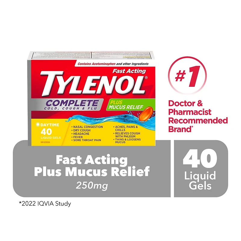 Tylenol Complete Cold, Cough & Flu Plus Mucus Relief Liquid Gels, Daytime, Relieves Cough Cold & Flu Symptoms, 40 Count