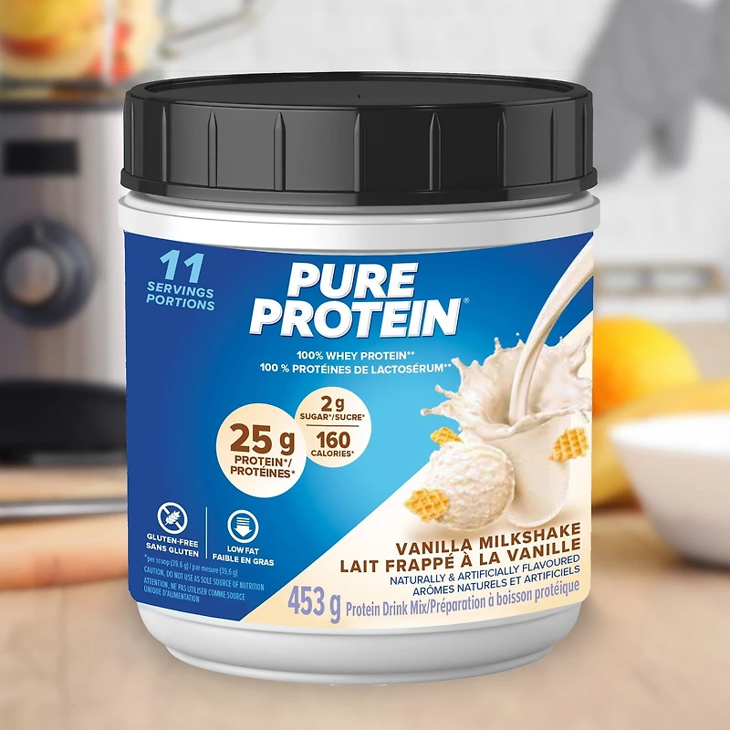 Vanilla Milkshake, 100% Whey Protein Powder, 25 g protein and 2 g sugar/scoop, 453 g/1 lbs, NEW LOOK! Pure Protein 100% Whey Protein powder delivers a powerful blend of protein - delicious, convenient and fast-acting.