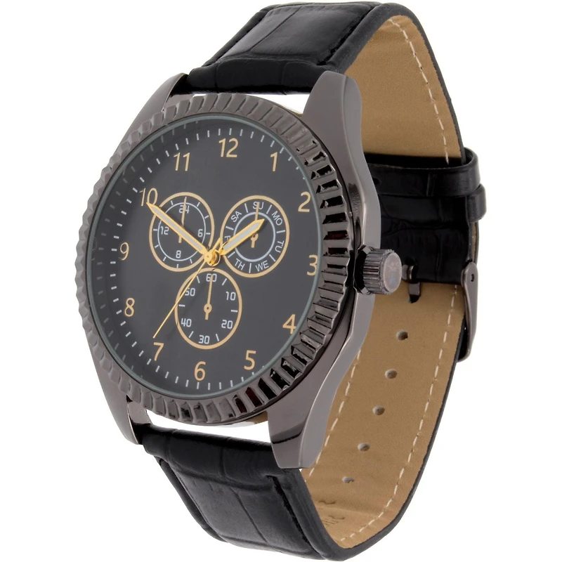 Montre analogique facile à lire pour homme avec bracelet en similicuir PU noir et ensemble de bracelets