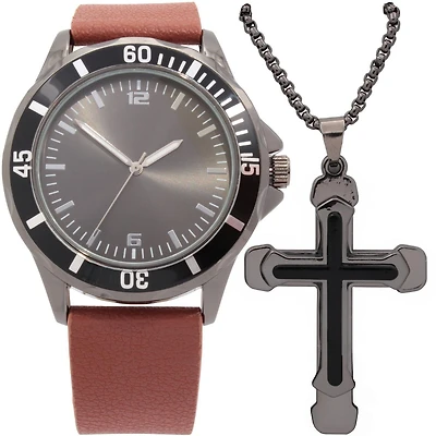 Montre analogique facile à lire pour homme avec bracelet en similicuir PU brun et collier avec croix de métal bronze
