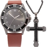 Montre analogique facile à lire pour homme avec bracelet en similicuir PU brun et collier avec croix de métal bronze