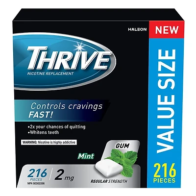 Thrive Gum 2mg Regular Strength Nicotine Replacement, Mint, 216 Count
