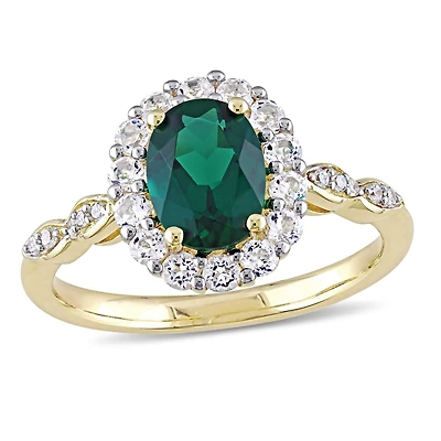 Miabella 1-5/8 Carat T.G.W. Created Emerald, White Topaz and Diamond Accent 14K Yellow Gold Halo Vintage Engagement Ring