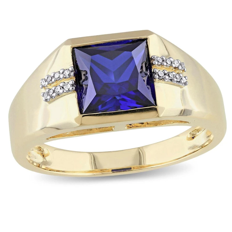 Bague pour homme Miabella avec saphir bleu synthétique 3 CT PBT et accents de diamants en or jaune 10K