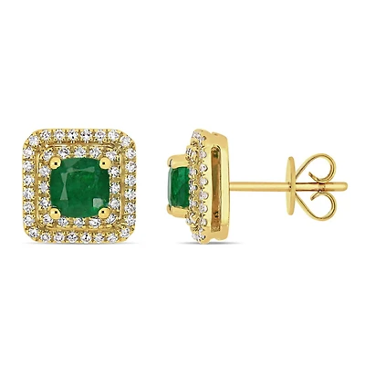 Miabella 1 Carat T.G.W. Emerald and 2/5 Carat T.W. Diamond 14K Yellow Gold Halo Stud Earrings