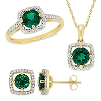 Ensemble de boucles d'oreille, pendentif et bague Miabella avec émeraudes synthétiques 2-5/8 CT PBT et diamants 1/3 CT poids total en or jaune 10K