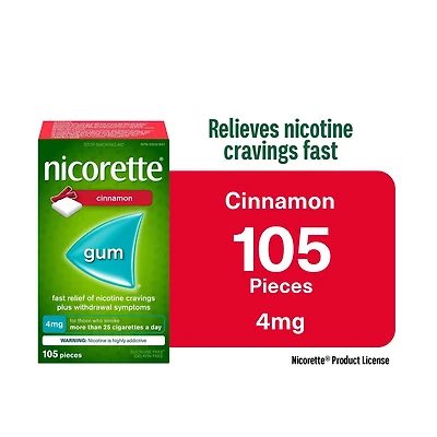 Nicorette Gomme à 4 mg de nicotine, saveur de cannelle, aide antitabagique, aide pour cesser de fumer 105 morceaux