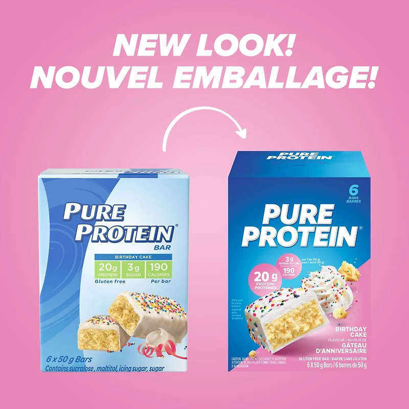 Barres de gâteau d'anniversaire Pure Protein - 20 g de protéines, en-cas à faible teneur en sucre, sans gluten avec mélange de whey, fabriquées au Canada, paquet de 6
