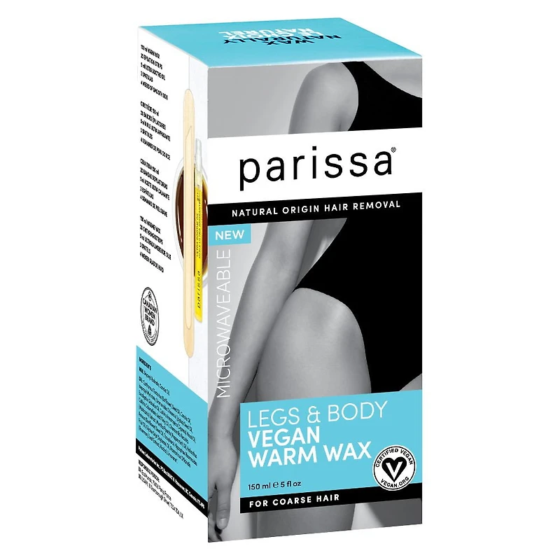 Cire Chaude Végane Micro-ondable Parissa pour Jambes et Corps Cire Végane 150 ml, Huile Ultra Soothe, Bandes d'Épilation et Spatules en Bois