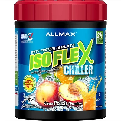 ALLMAX Nutrition - Isoflex Chiller - Isolat de protéines de lactosérum - Sensation d'agrumes et de pêche ISOFLEX® dans un nouveau mélange de boisson rafraîchissante de type jus.
