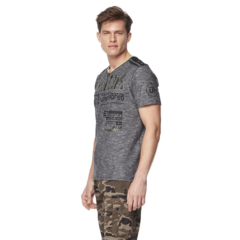 Dark Black Tee-shirt henley graphique à manches courtes pour hommes