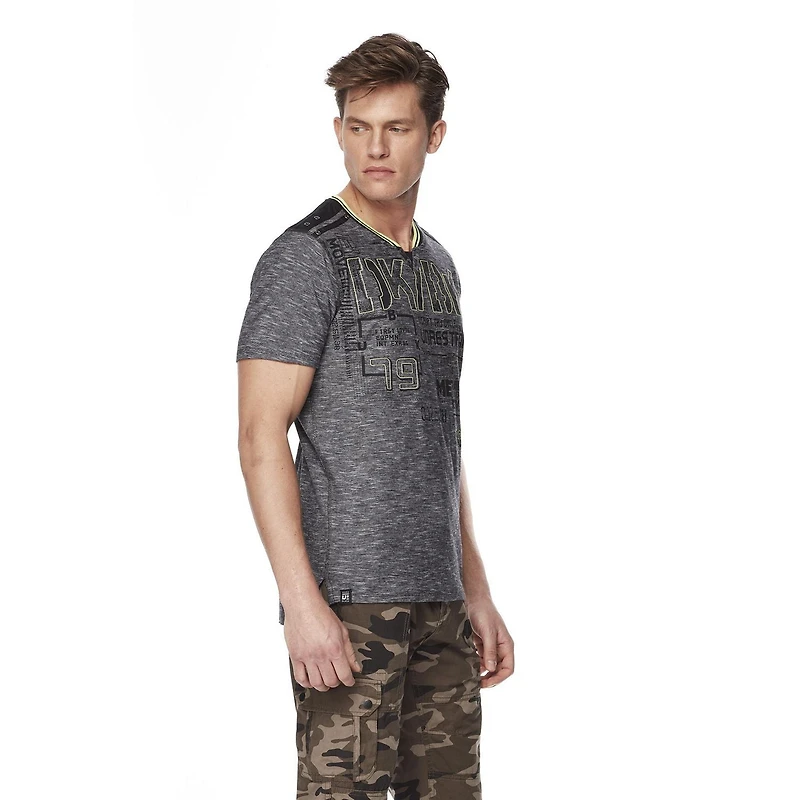 Dark Black Tee-shirt henley graphique à manches courtes pour hommes