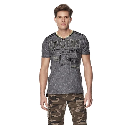 Dark Black Tee-shirt henley graphique à manches courtes pour hommes