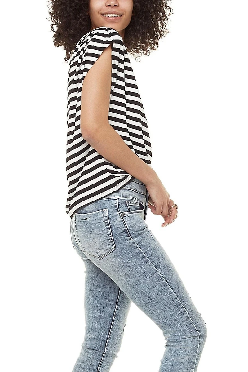 Jeaniologie ™ Ladies Short Sleev Crew Neck Top Black White Stripe