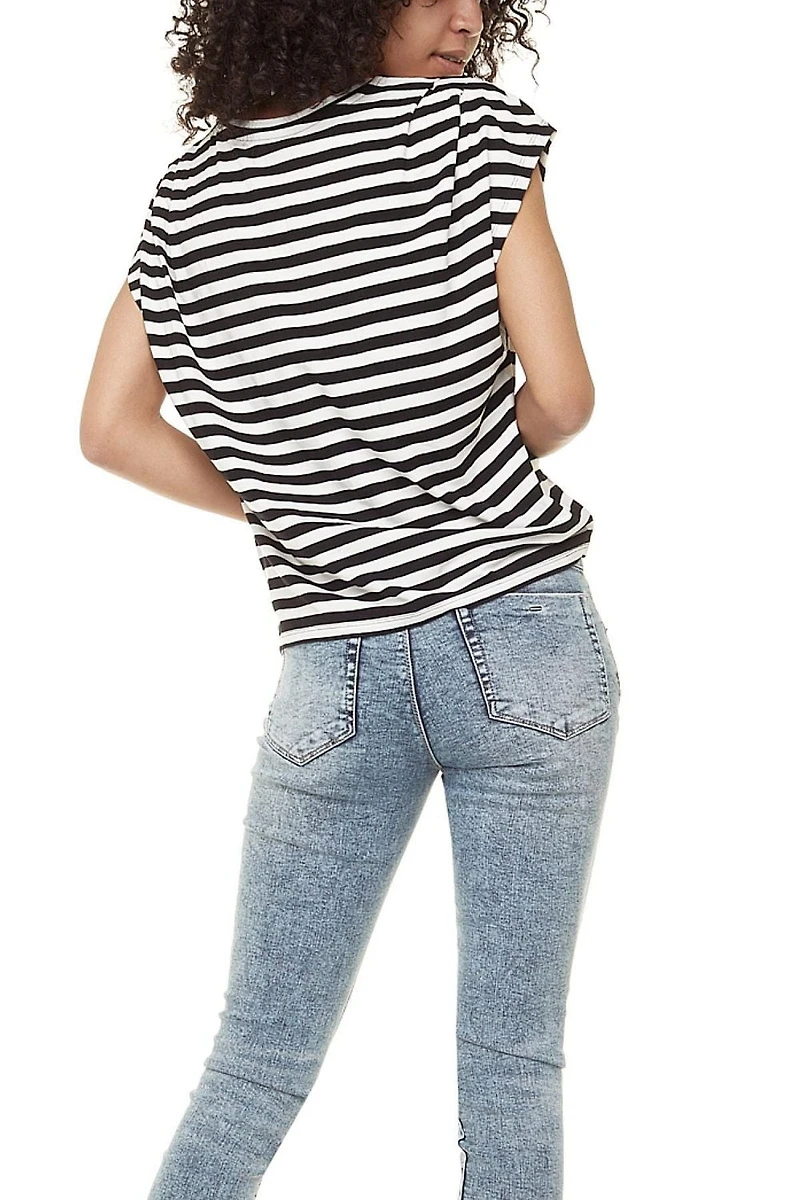 Jeaniologie ™ Ladies Short Sleev Crew Neck Top Black White Stripe
