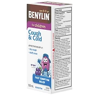 Benylin Enfants, Rhume et toux, soulage la toux sèche et l'obstruction nasale, saveur de raisin, sans alcool, pour les enfants de 6 à 11 ans, sirop, 100 mL 100 mL