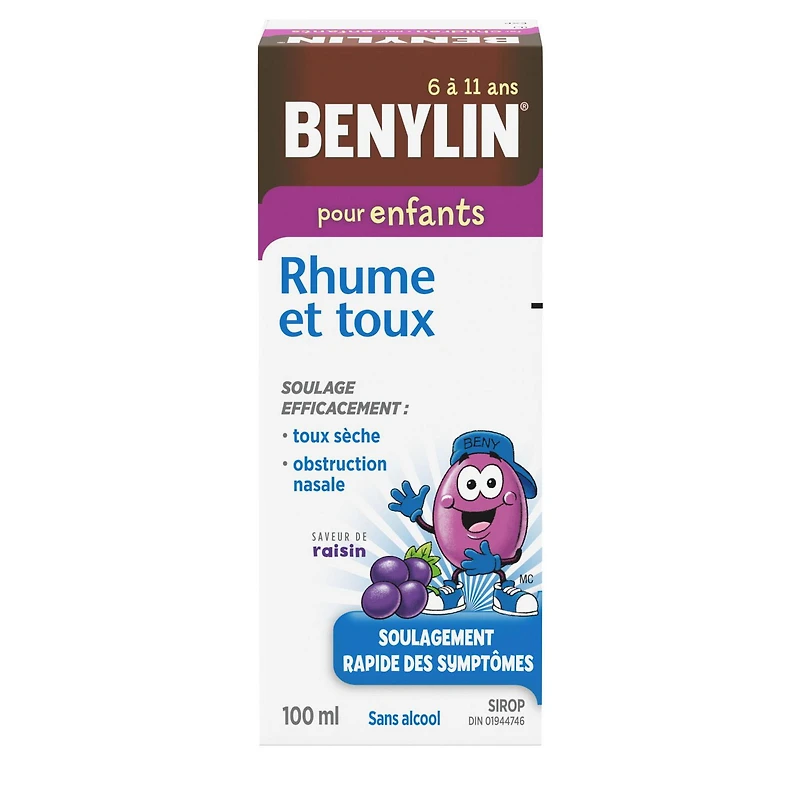Benylin Enfants, Rhume et toux, soulage la toux sèche et l'obstruction nasale, saveur de raisin, sans alcool, pour les enfants de 6 à 11 ans, sirop, 100 mL 100 mL