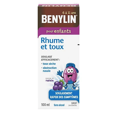 Benylin Enfants, Rhume et toux, soulage la toux sèche et l'obstruction nasale, saveur de raisin, sans alcool, pour les enfants de 6 à 11 ans, sirop, 100 mL 100 mL