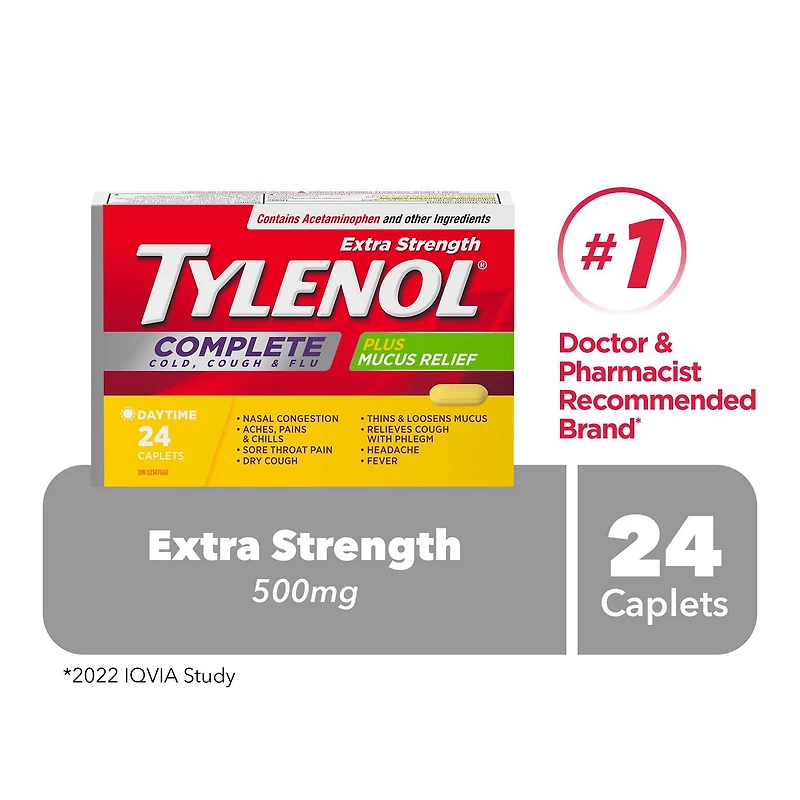 Tylenol Extra Strength Complete Cold, Cough & Flu Relief Day Caplets, 24 EA