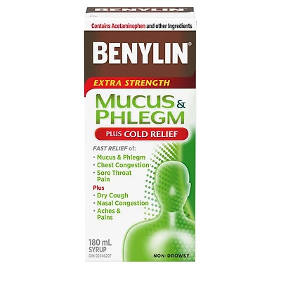 Benylin Extra-puissant, Anti-mucosités Plus soulagement du rhume, Jour, soulage la toux et autres symptômes du rhume, sirop 180 mL
