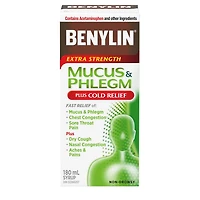 Benylin Extra-puissant, Anti-mucosités Plus soulagement du rhume, Jour, soulage la toux et autres symptômes du rhume, sirop 180 mL