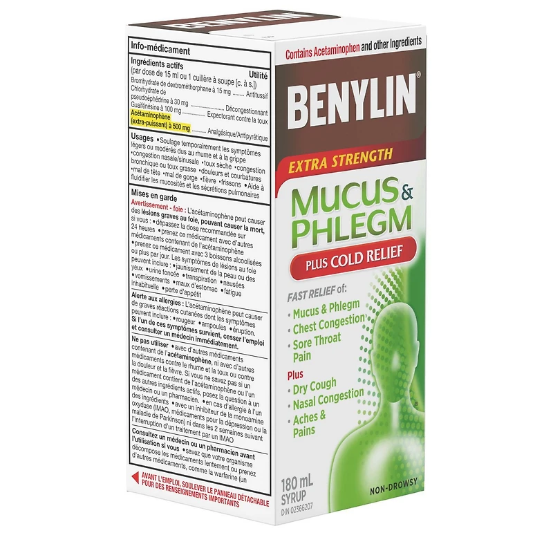 Benylin Extra-puissant, Anti-mucosités Plus soulagement du rhume, Jour, soulage la toux et autres symptômes du rhume, sirop 180 mL