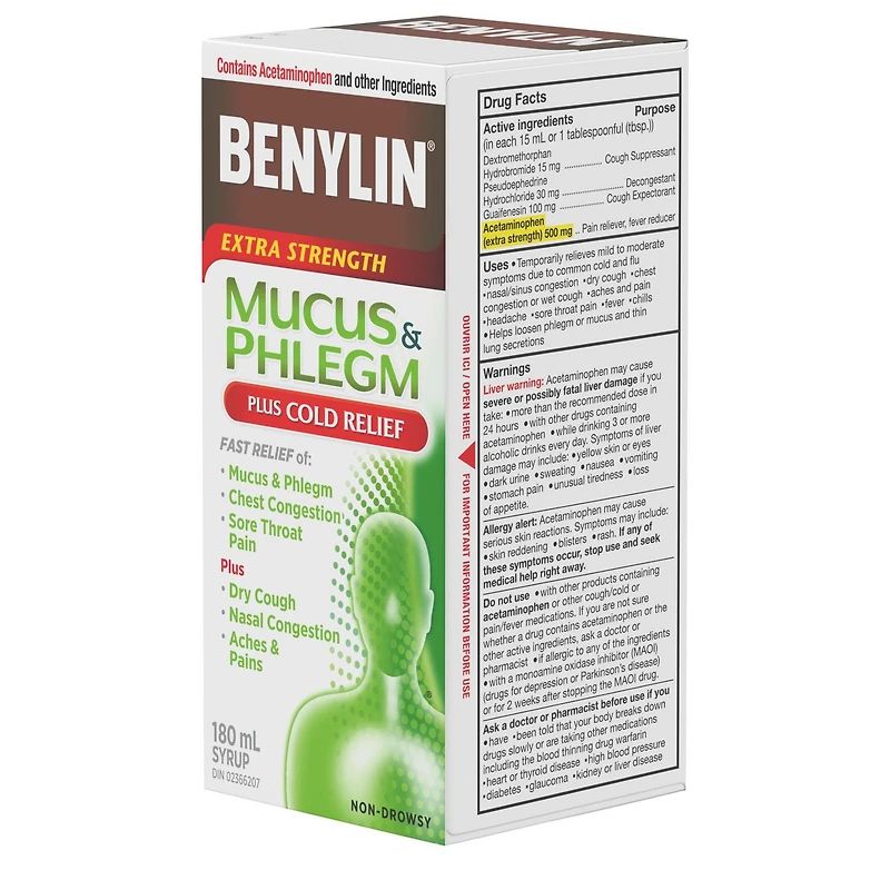 Benylin Extra-puissant, Anti-mucosités Plus soulagement du rhume, Jour, soulage la toux et autres symptômes du rhume, sirop 180 mL