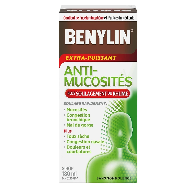 Benylin Extra-puissant, Anti-mucosités Plus soulagement du rhume, Jour, soulage la toux et autres symptômes du rhume, sirop 180 mL