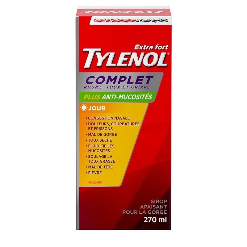 Tylenol Extra Strength Complete Cold, Cough, Flu & Mucus Soothing Syrup, Day, Recommended for adults. 270 mL
