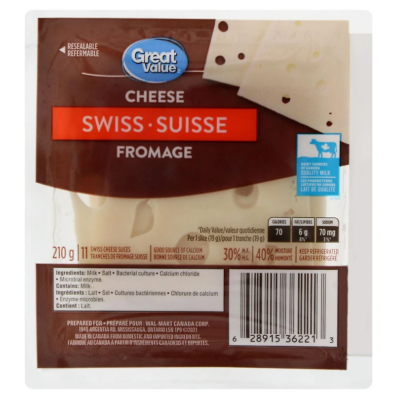 Tranches de fromage suisse Great Value 210 g, 11 tranches