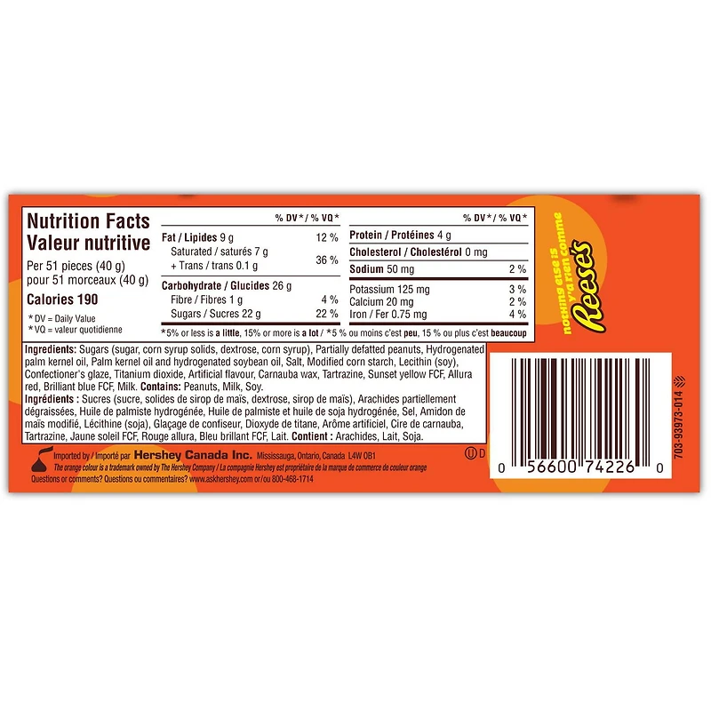 Beurre d'Arachides REESE'S PIECESMD 105g REESEMD C’est la parfaite combinaison de beurre d’arachides et de chocolat dans un enrobage croquant.