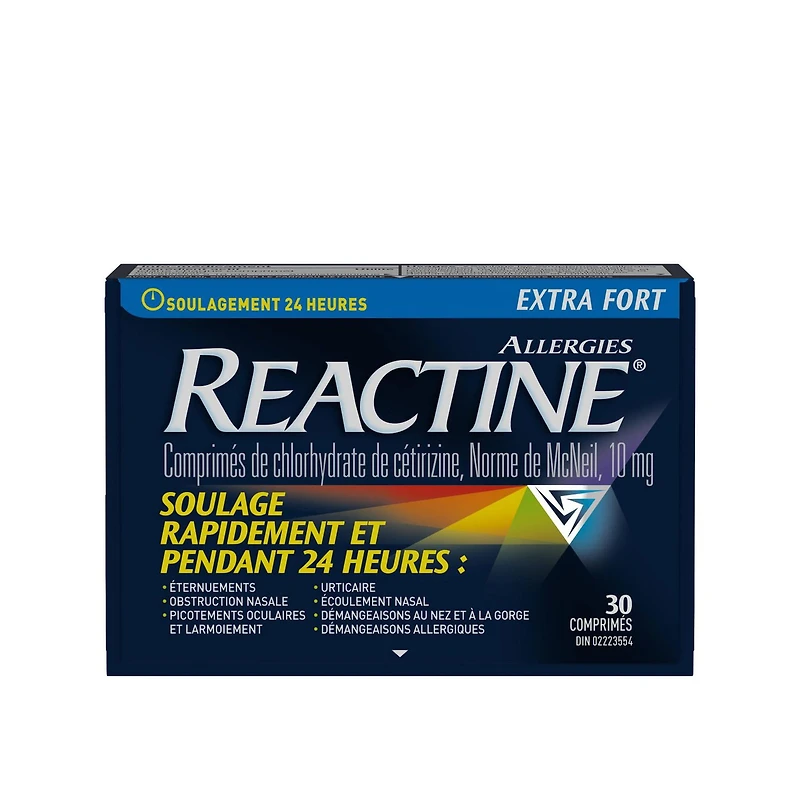 Reactine Extra fort, comprimés antiallergiques/antihistaminiques, chlorhydrate de cétirizine à 10 mg,  soulagement 24 h 30 unités