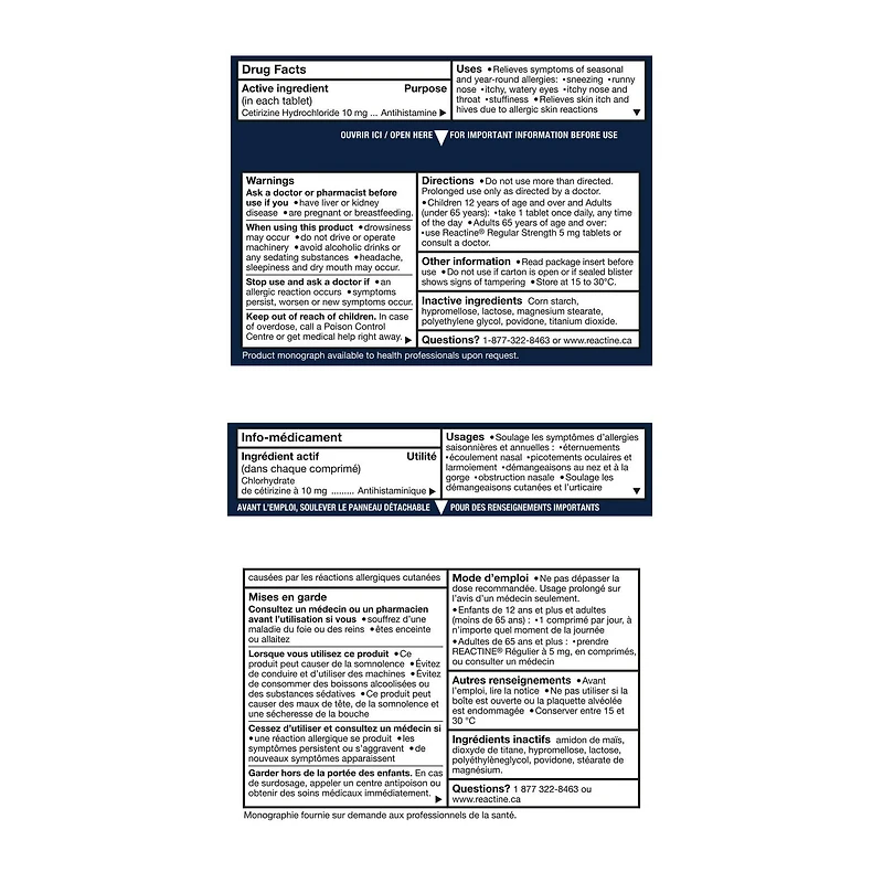 Reactine Extra fort, comprimés antiallergiques/antihistaminiques, chlorhydrate de cétirizine à 10 mg,  soulagement 24 h 30 unités