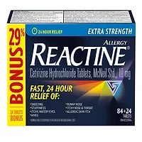 Reactine Extra fort, comprimés antiallergiques/antihistaminiques, chlorhydrate de cétirizine à 10 mg, soulagement 24 h 84 unités