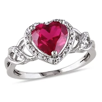 Bague Tangelo avec rubis synthétique de forme cœur 1-5/8 CT PBT et accents de diamants en argent sterling