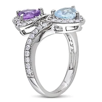 Tangelo 2-1/2 Carat T.G.W. Amethyst Blue Topaz and Created White Sapphire Sterling Silver Double Heart Bypass Ring